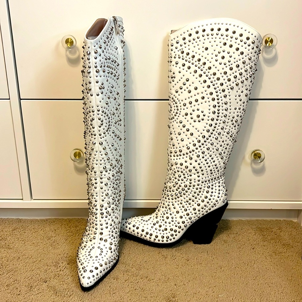 Studded Tall Pointed Toe Western Boots, White